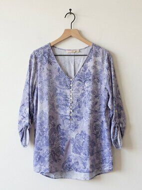 Soft Surroundings Sardinia Floral Blue Tencel Top Size L